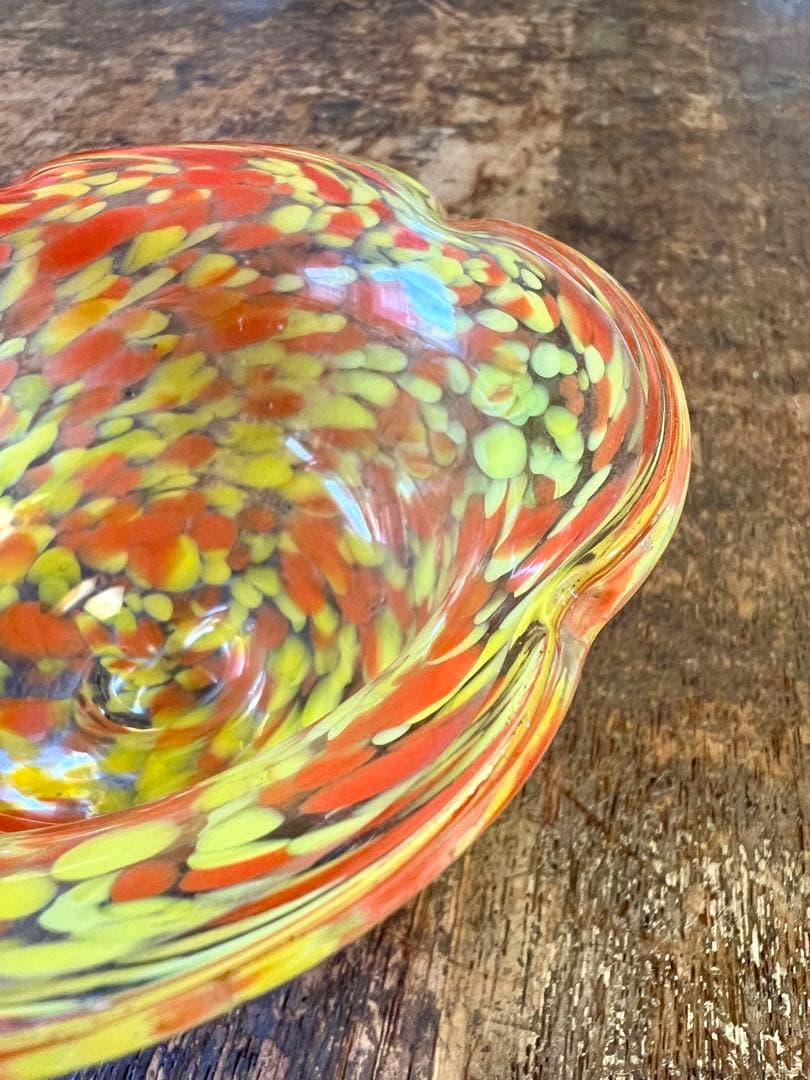 大正ロマン　吹雪紋氷コップオレンジ　ウランガラス　和ガラス　アンティーク　古道具