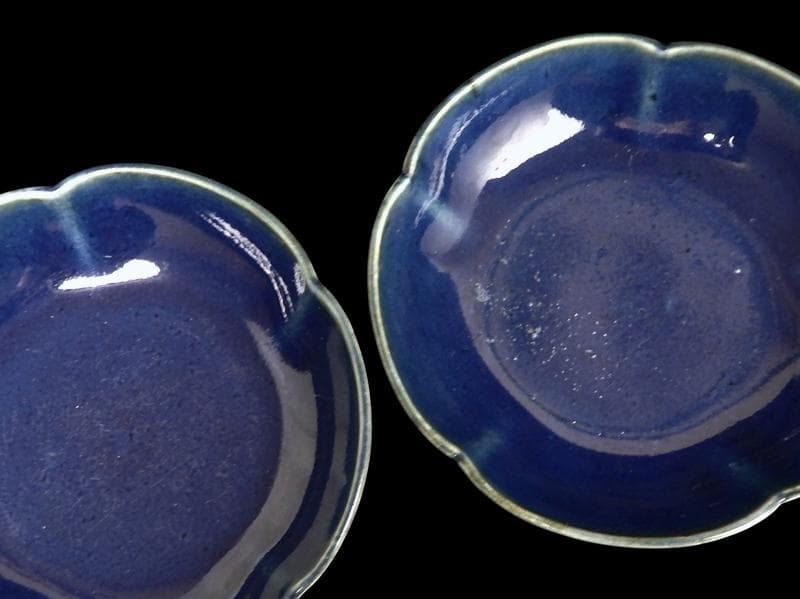 古伊万里　瑠璃　輪花小皿　３寸半皿　２枚　C734AS-DCg