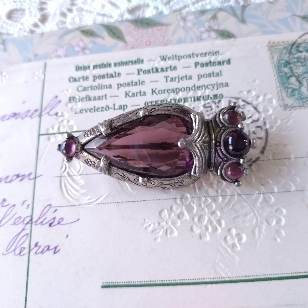 イギリス製ヴィンテージ　MIRACLE　パープルガラス　ハート　王冠　ブローチ