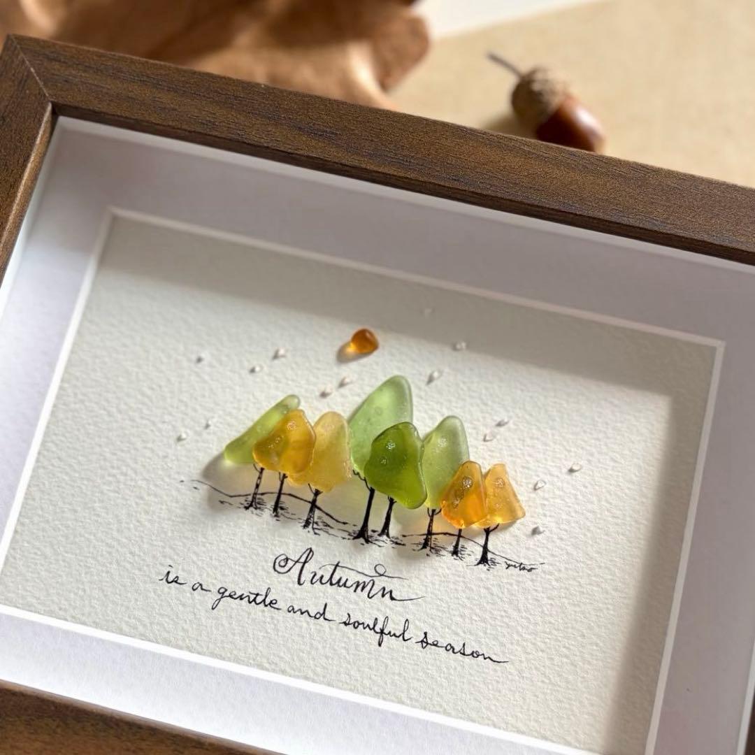 Autumn Forest 秋の森 シーグラス／天然石／フレーム／アート