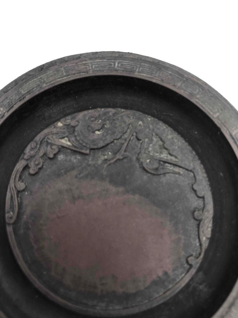 古端渓硯　円硯　清時代　龍紋彫り　石渠硯　唐木蓋台　極上品　初出し物(F-49)