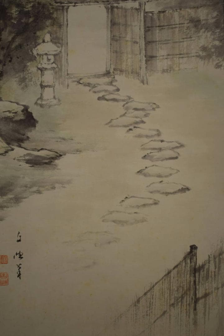 真作/佐藤古岫/山居春色図/桜花門前山水図/桐共箱付/布袋屋掛軸HI-609