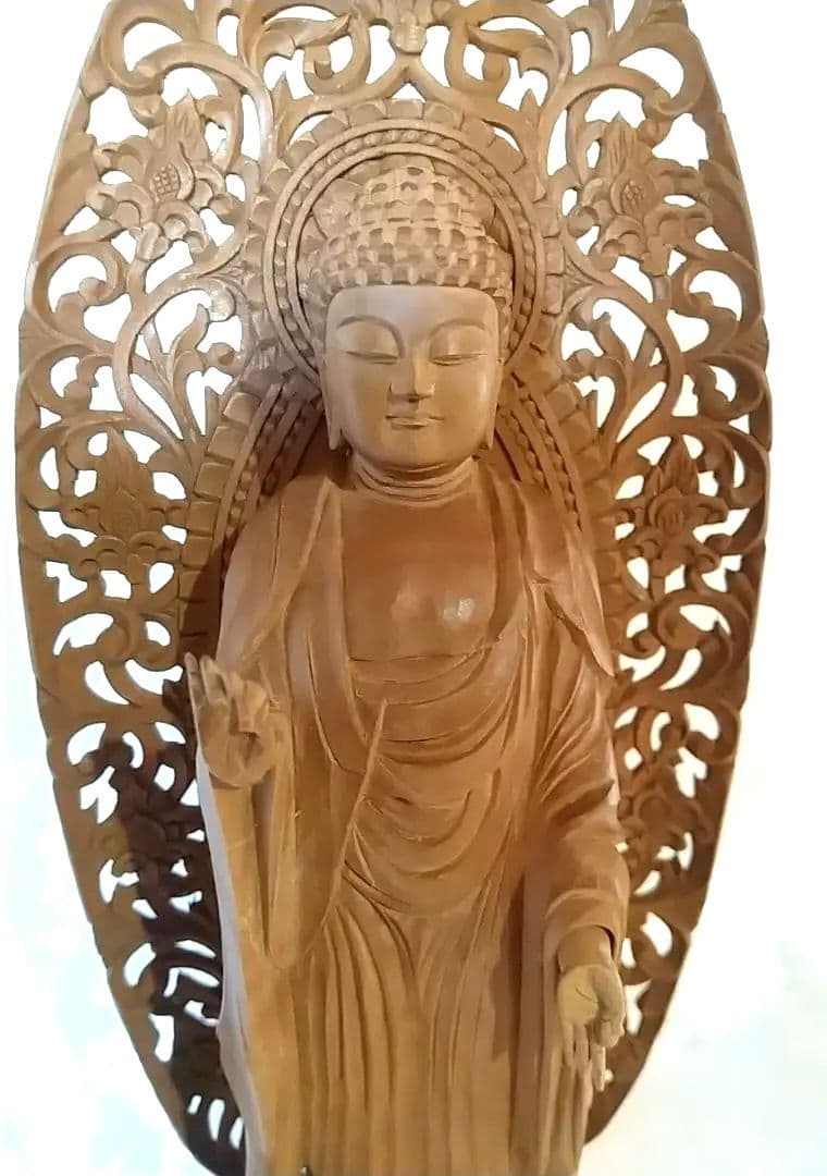 阿弥陀如来立像 4.5寸#570+#576 像は◆白檀 木彫 仏像