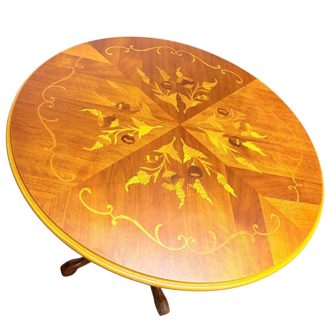 高級 イタリア アンティーク 家具 象嵌 テーブル ラウンジ 丸 80cm猫脚