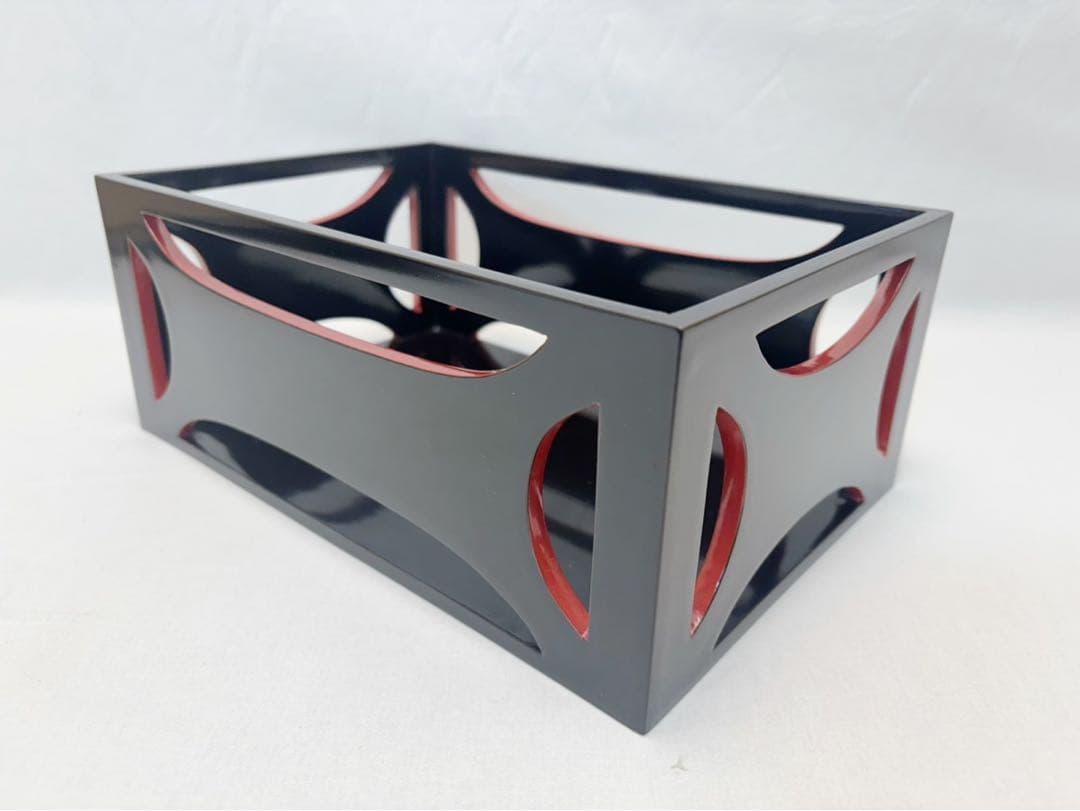 ほぼ未使用 茶道具 木製黒塗り 糸巻透 煙草盆 茶懐石 喫煙具 木工芸 莨盆紙箱