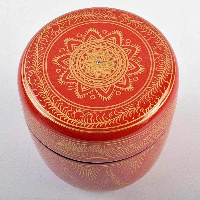 茶道具　蒔絵師　筑城筑良作　朱キンマ　中棗　共箱　V　9043