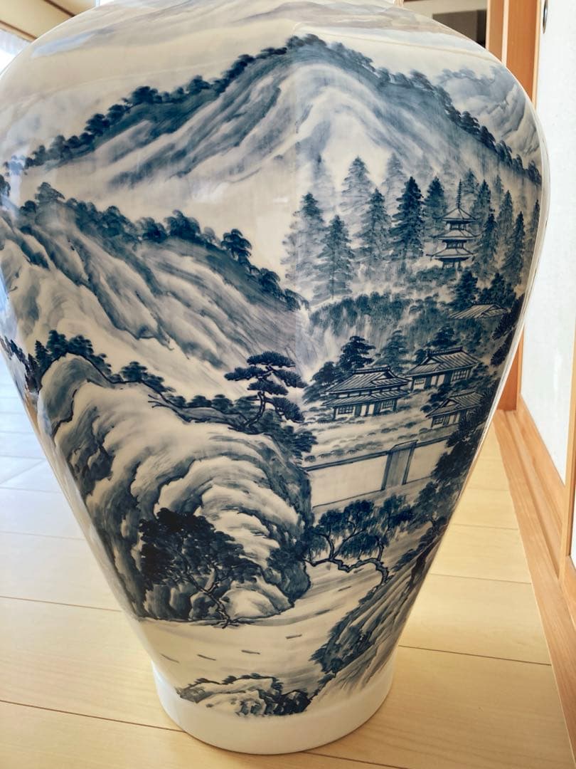 有田焼 藤井錦彩作 染付山水図 大壺 沈香壺 伝統工芸美術 陶磁器 和物骨董