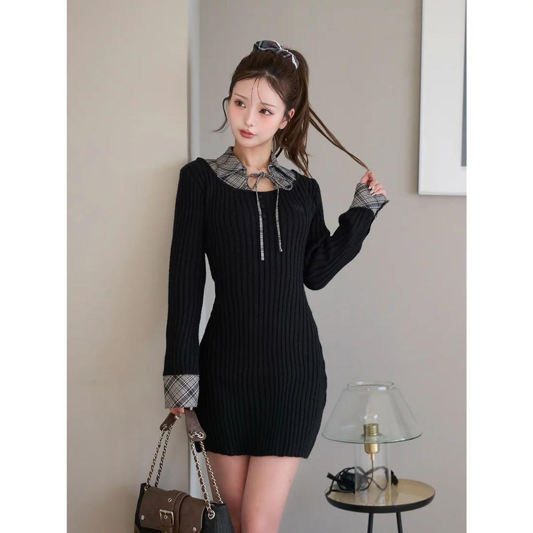 新品タグ付 ダーリッチ グレー レイヤードライクニットミニワンピース フリー