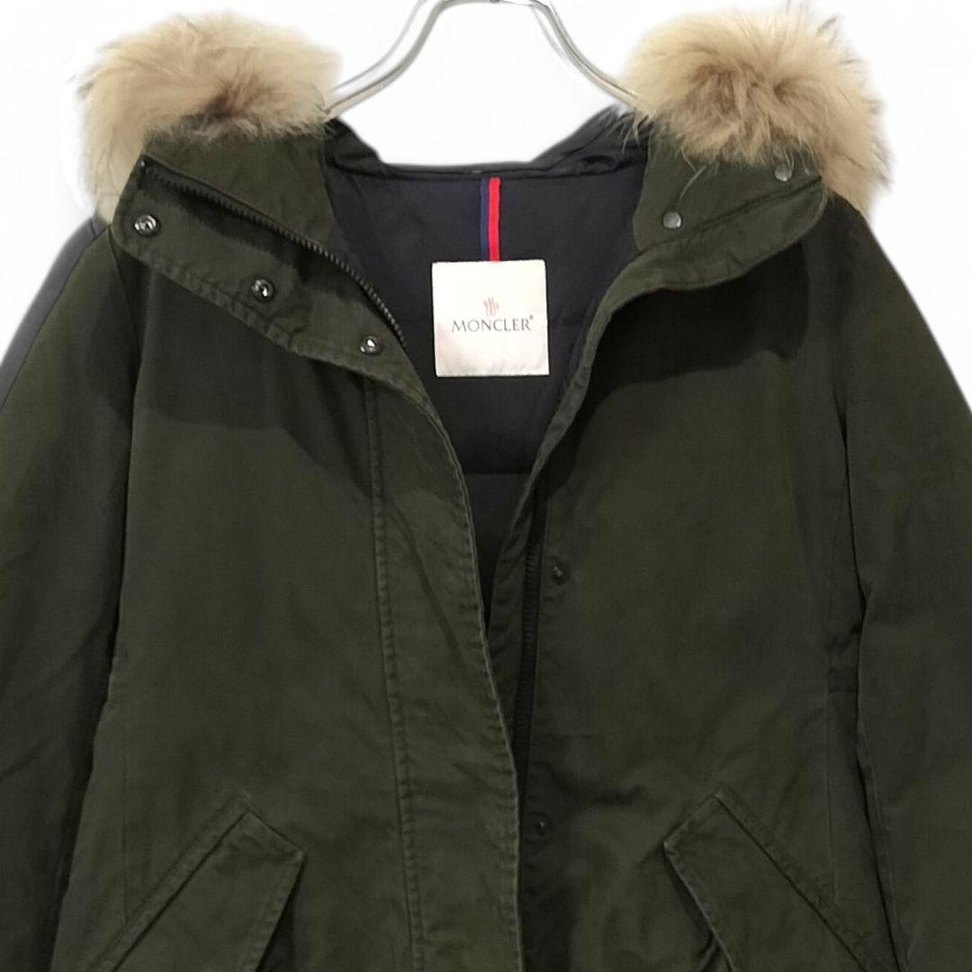 モンクレール ダウンジャケット カーキ 美品 フード付 モッズコート1