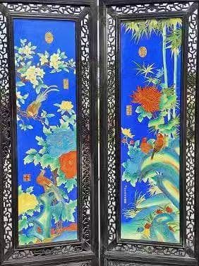 ローズウッド磁器板絵屏風6連