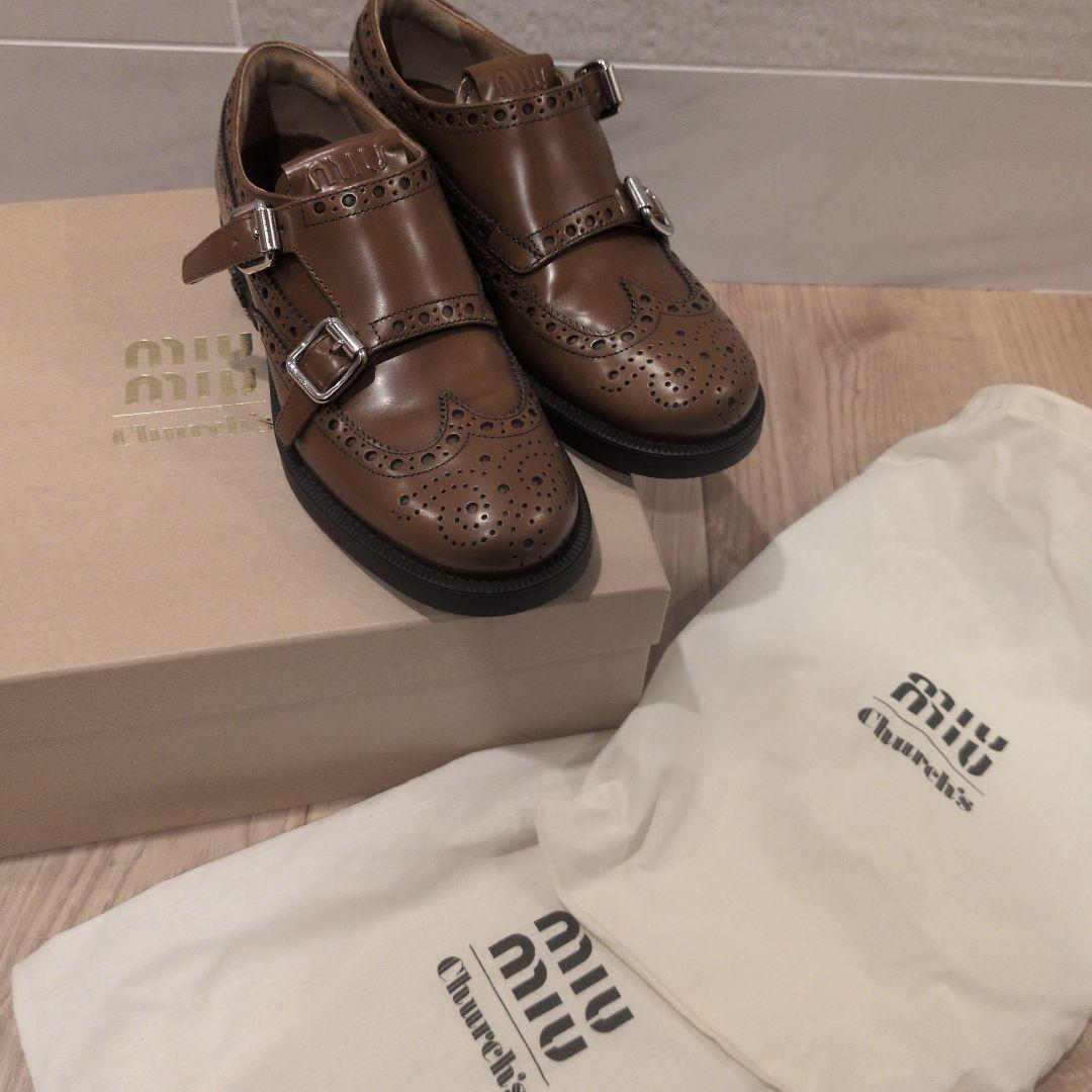 未使用ミュウミュウコラボチャーチ　ローファー　革靴　ダブルモンク ストラップ