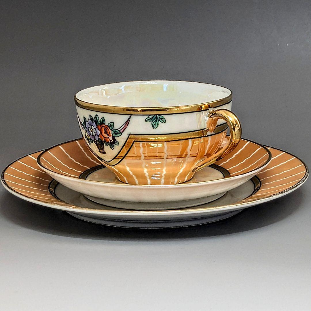 オールドノリタケ アールデコ期大銘品！金彩虹ラスター花籠絵図キャビネット トリオ