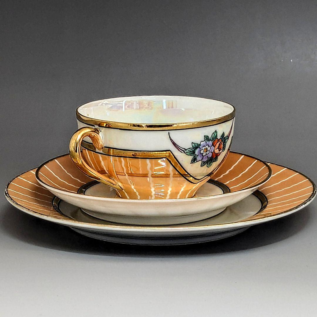 オールドノリタケ アールデコ期大銘品！金彩虹ラスター花籠絵図キャビネット トリオ