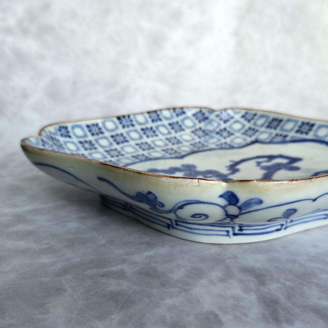 古伊万里　型紙摺　隅入菱皿　江戸時代　染付　変形皿　金直し　金継ぎ　アンティーク