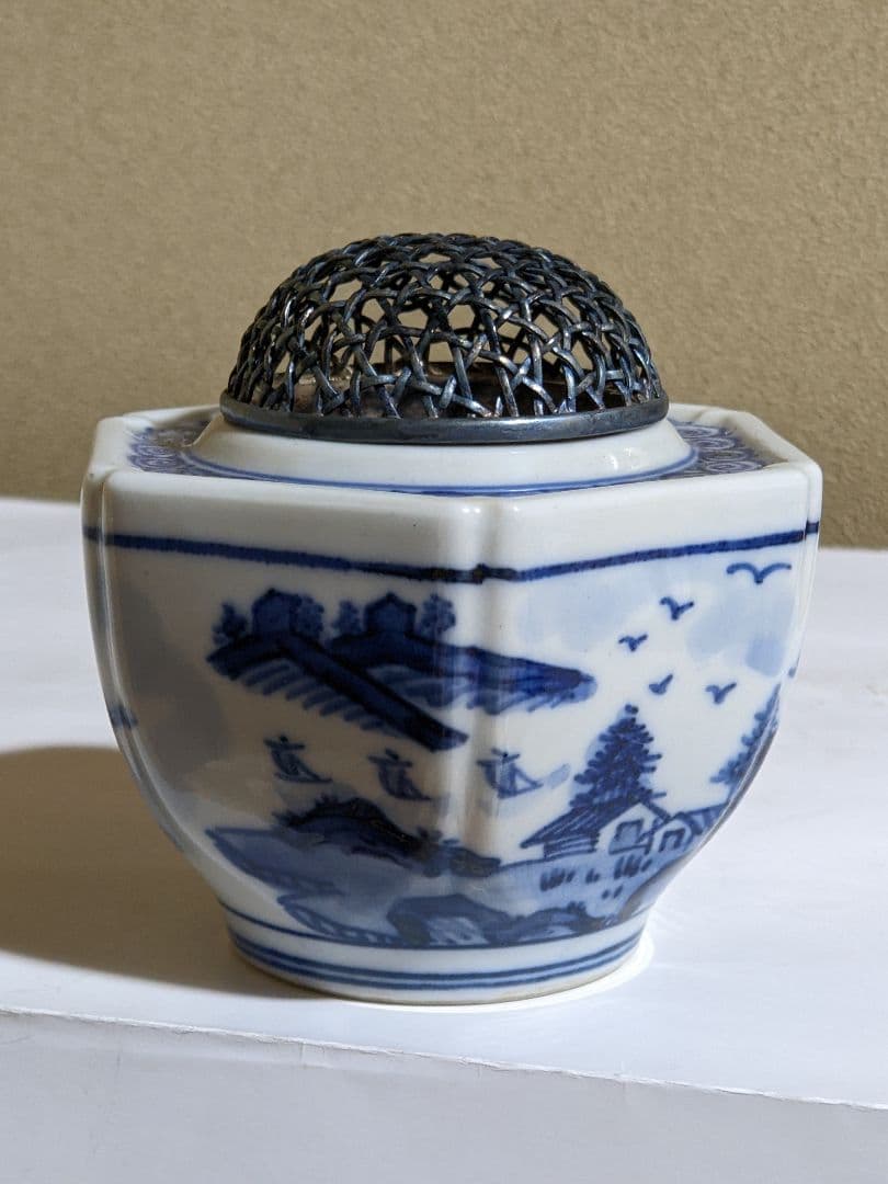 ⭐希少遺品少数 高橋道八造 江戸時代 染付山水帆掛け舟文 銀火屋 香炉 骨董品