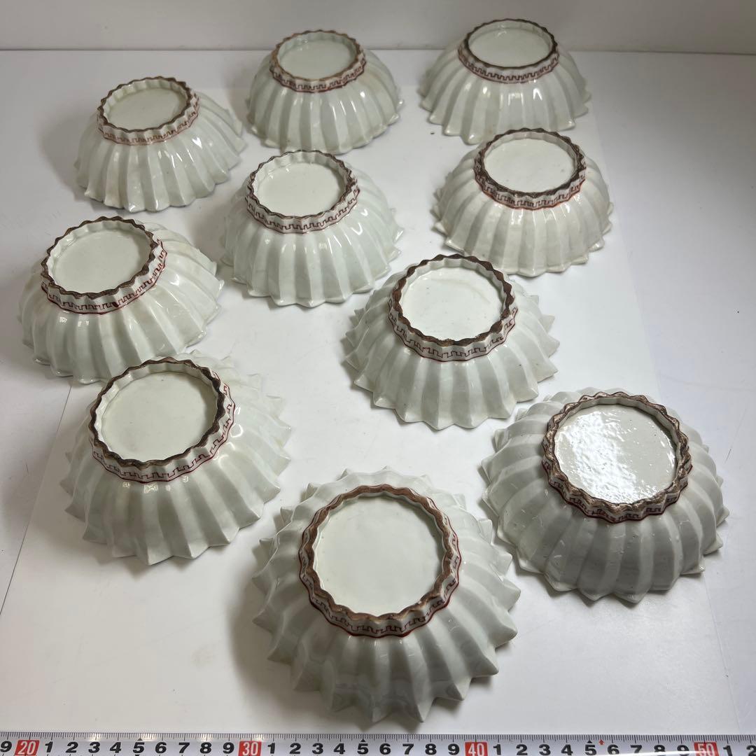 江戸中後期古伊万里赤絵花図　ギザギザ向付10客　木箱付　幅約12.7㎝　トトオサ