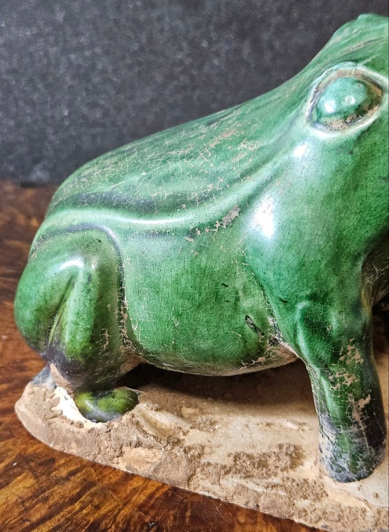 時代古作品❗】希少品❗】古代中国　漢～遼時代頃　緑釉　蛙形俑　よう　発掘品　置物