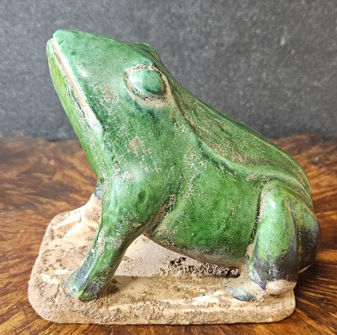 時代古作品❗】希少品❗】古代中国　漢～遼時代頃　緑釉　蛙形俑　よう　発掘品　置物