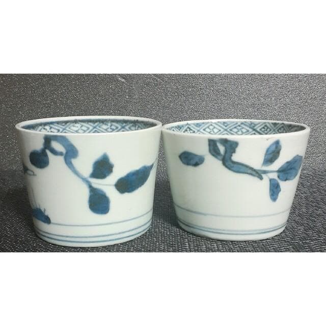 江戸時代中期～後期　古伊万里　染付　木と葉の図　そば猪口　ぐい呑酒杯酒器　2客