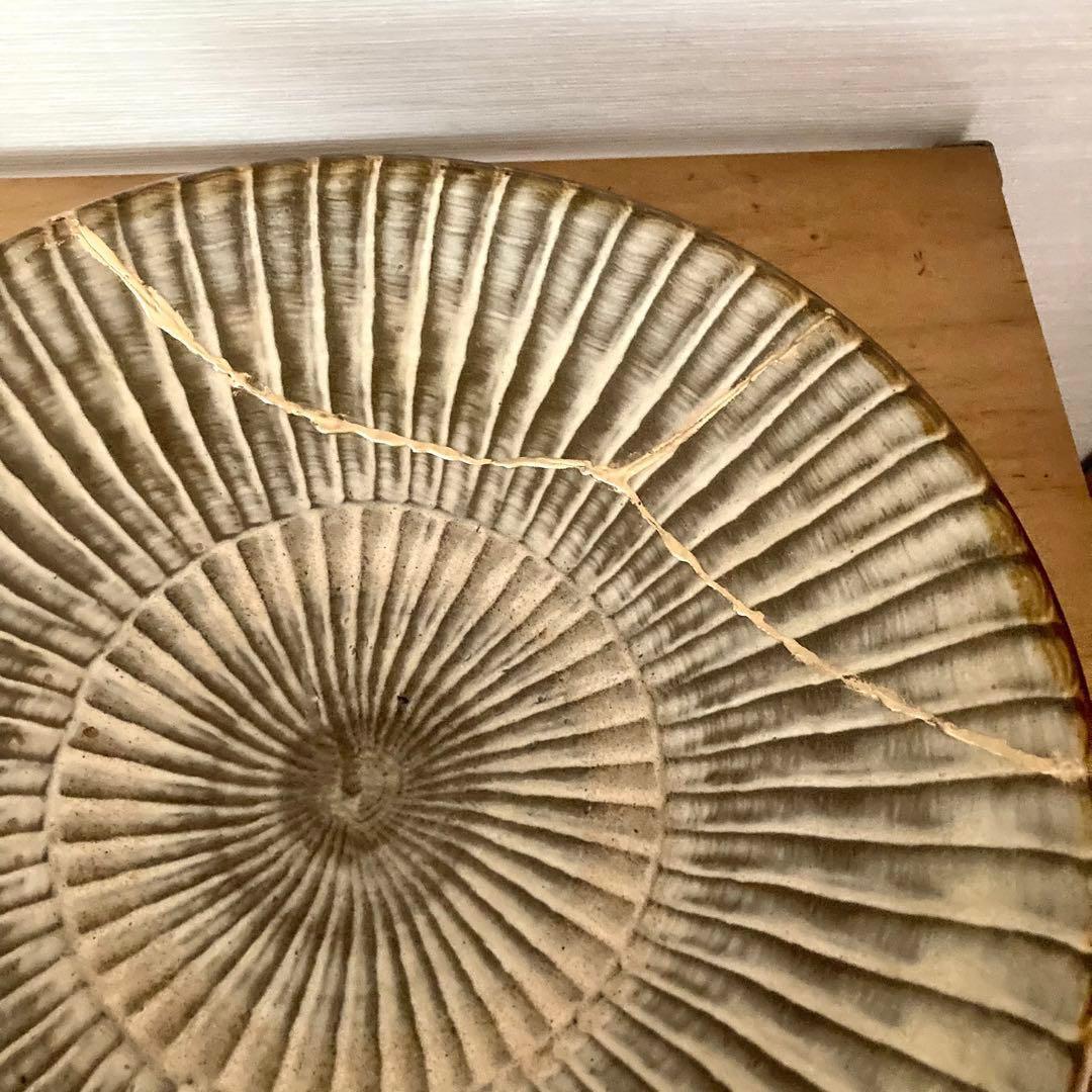 小鹿田焼（おんたやき）打ち刷毛目大皿【民藝ビンテージ】金継ぎ