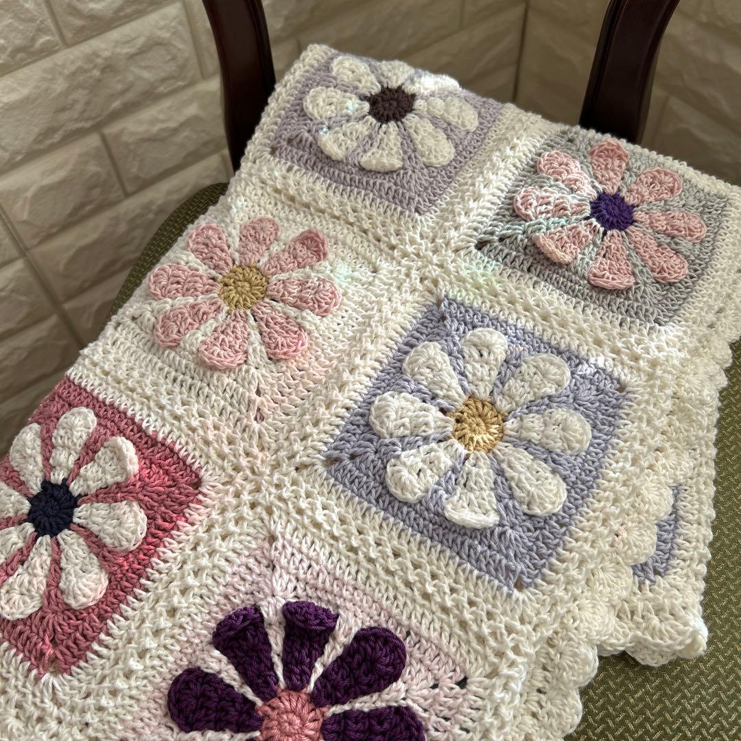 デイジー お花のモチーフ編み マルチカバー ブランケット 手編み