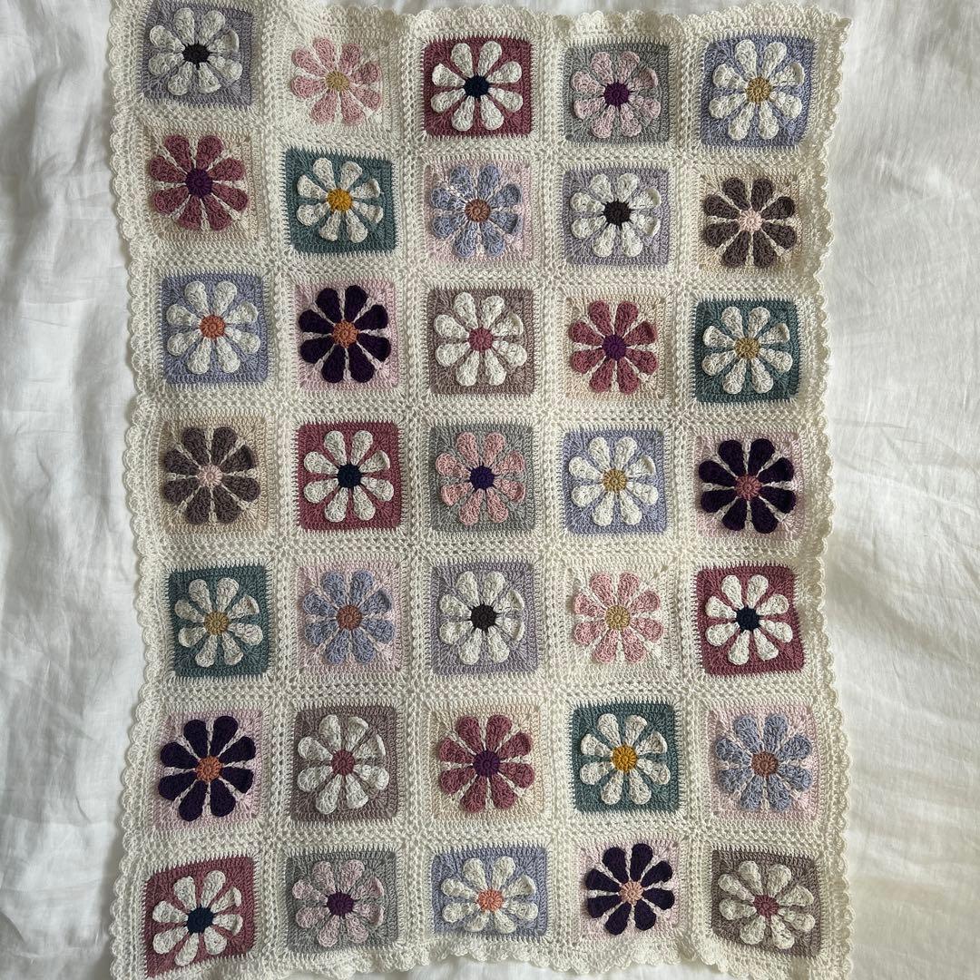 デイジー お花のモチーフ編み マルチカバー ブランケット 手編み