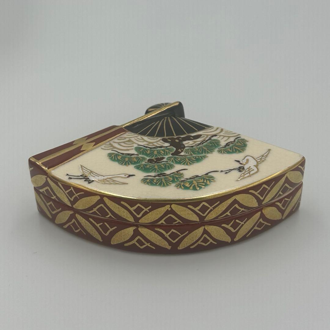 橋本城岳　色絵末広　扇面　香合　茶道具　鶴　松