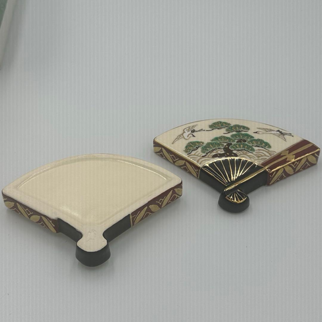 橋本城岳　色絵末広　扇面　香合　茶道具　鶴　松