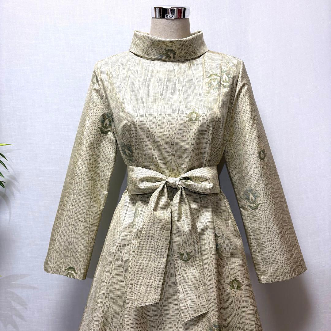 着物リメイク　大島紬花柄ワンピース　ロールカラー　Aライン　細見せ　ゆったり正絹