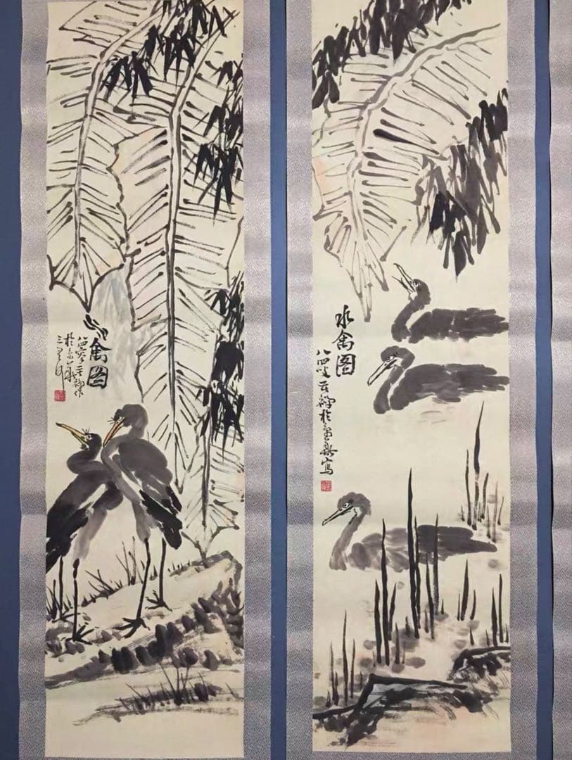 【四条屏掛軸】李苦禅 花鳥画セット　宣紙／鑑賞用作品　和室・客間装飾に最適
