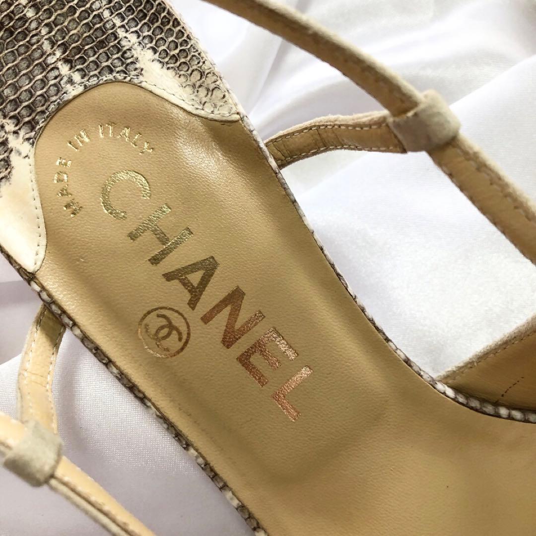 CHANEL シャネル　ミュール　パイソン　リボン　ヒール　ココマーク