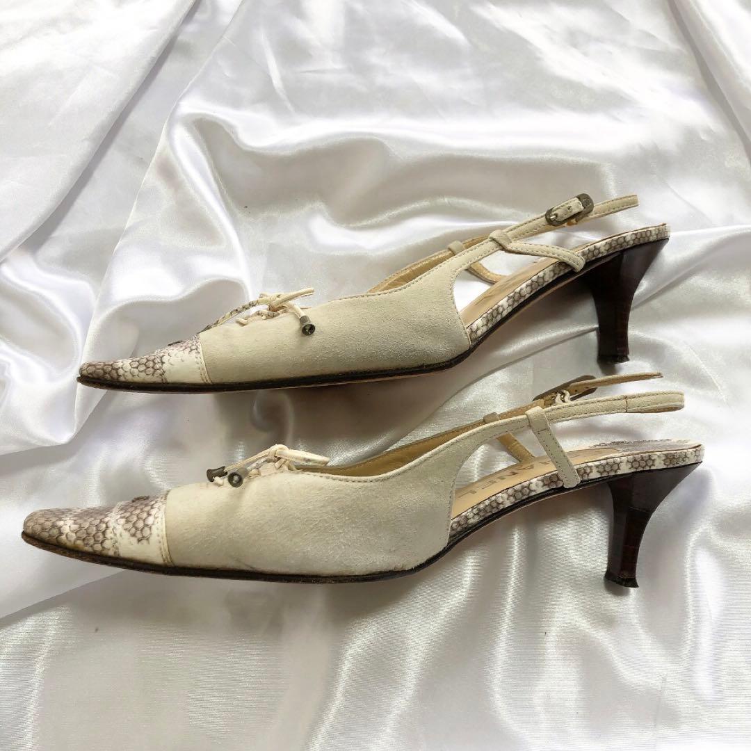 CHANEL シャネル　ミュール　パイソン　リボン　ヒール　ココマーク