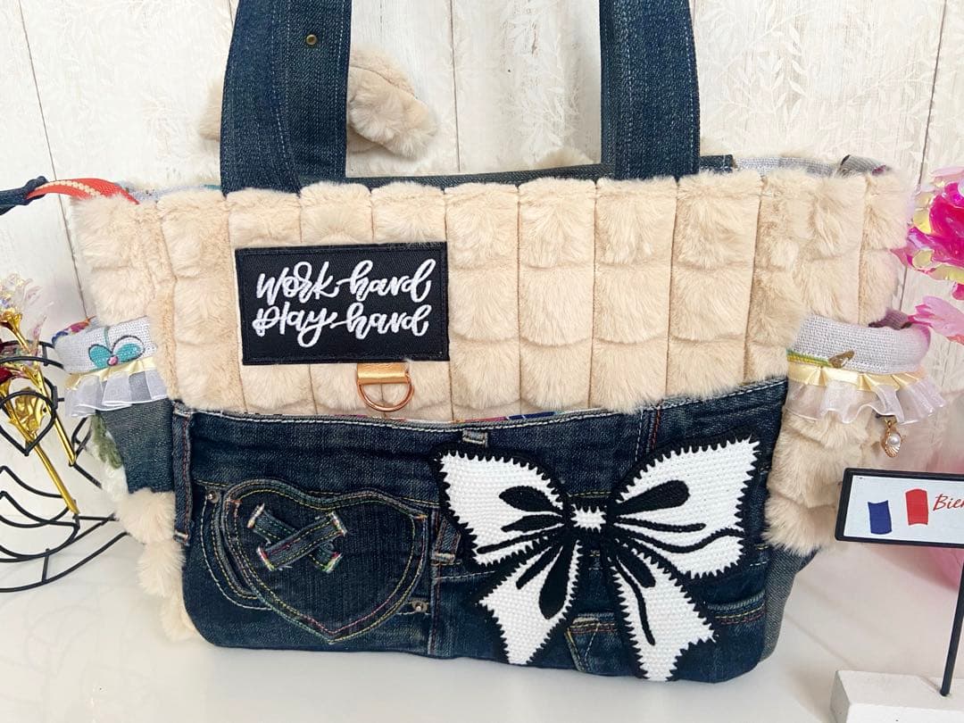 デニムリメイクバック　ポップコーンふわもこ　ワッペンくま