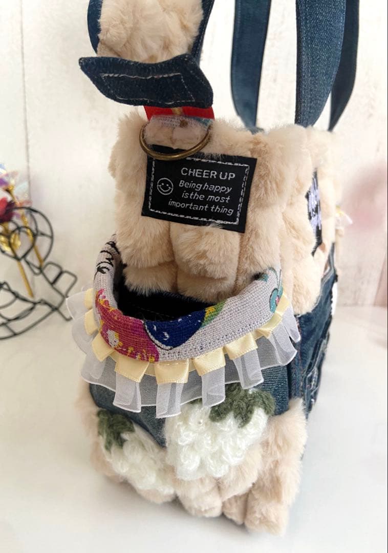 デニムリメイクバック　ポップコーンふわもこ　ワッペンくま