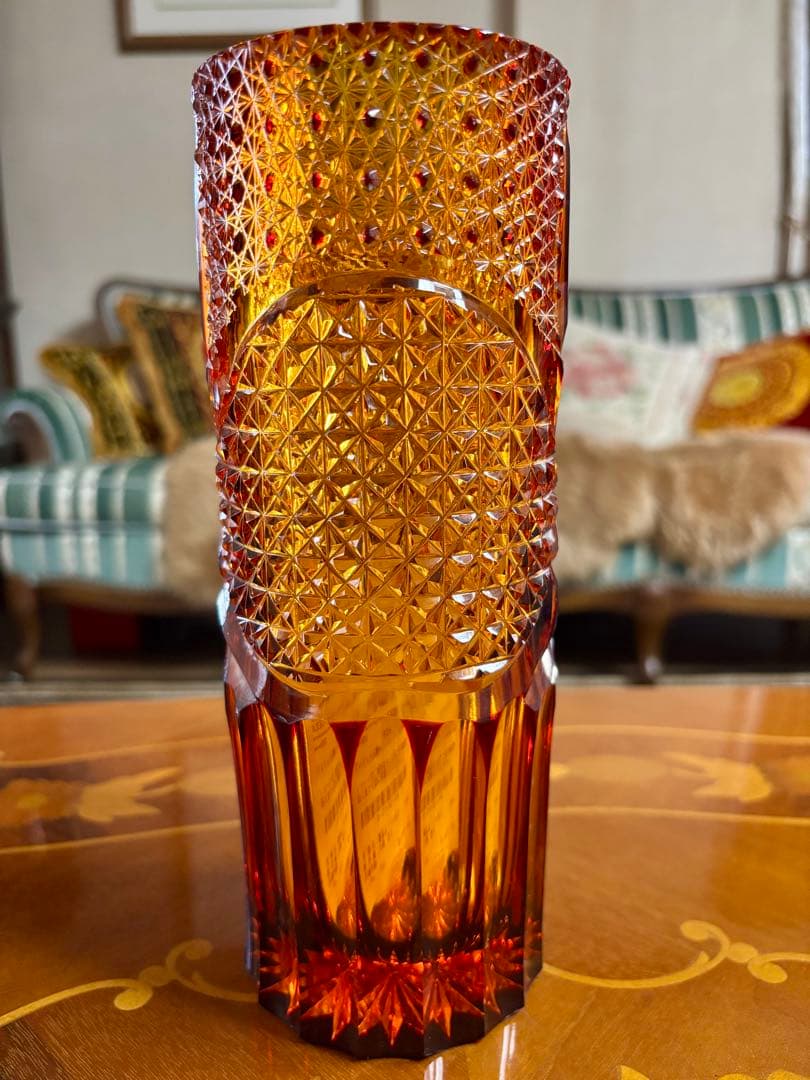 門脇硝子加工所　江戸切子　花瓶 オレンジと琥珀色