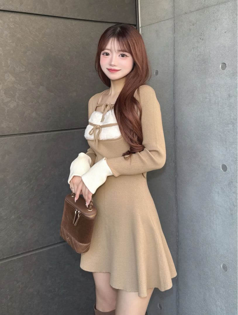 Darich リボンファーフレアニットミニワンピース