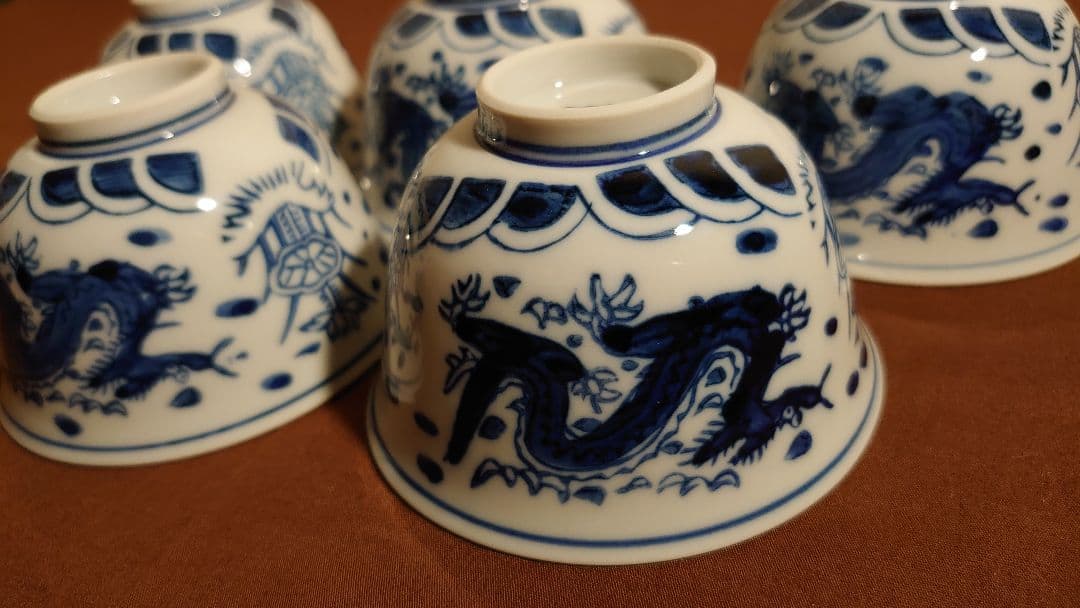 李朝　古伊万里　伊万里　白磁　染付　龍の図　蔵出し　５客