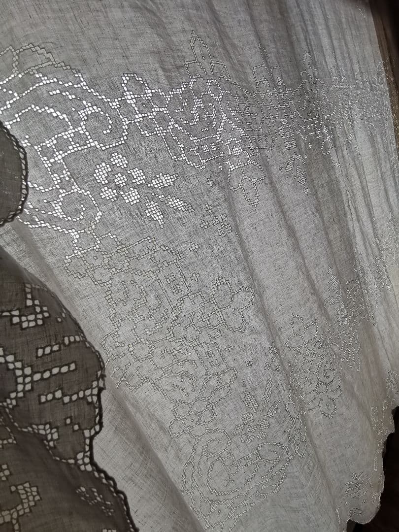 アンティークイタリア モザイクカットワークレース 超大判リネンクロス カーテン
