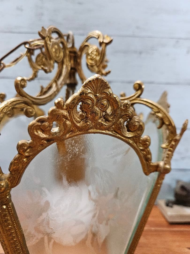 フランスアンティーク 5面ガラスのペンダントライト アールヌーボー 吊り下げ