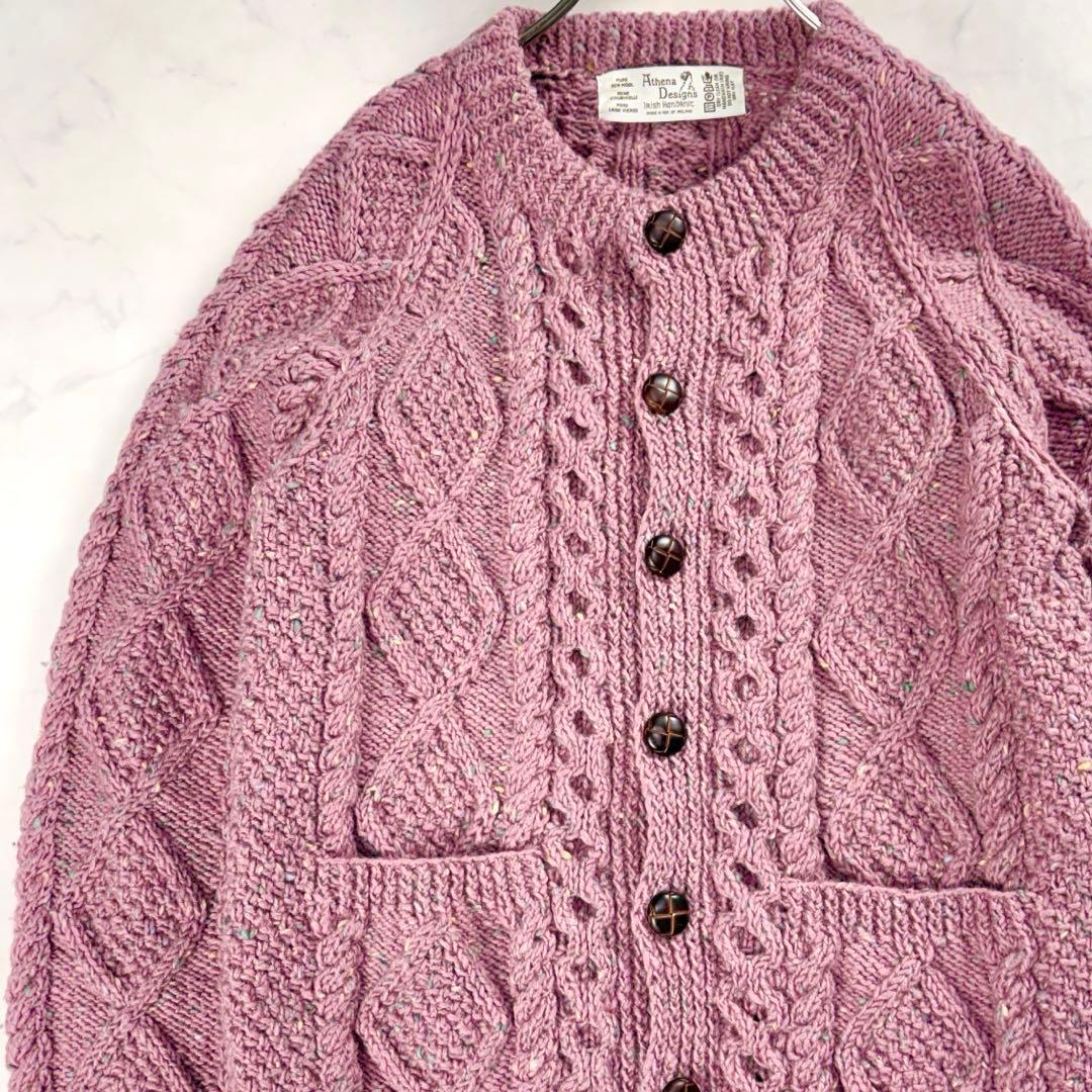 アテナデザイン アランニット カーディガン ミックスカラー 胡桃ボタン 春色✨