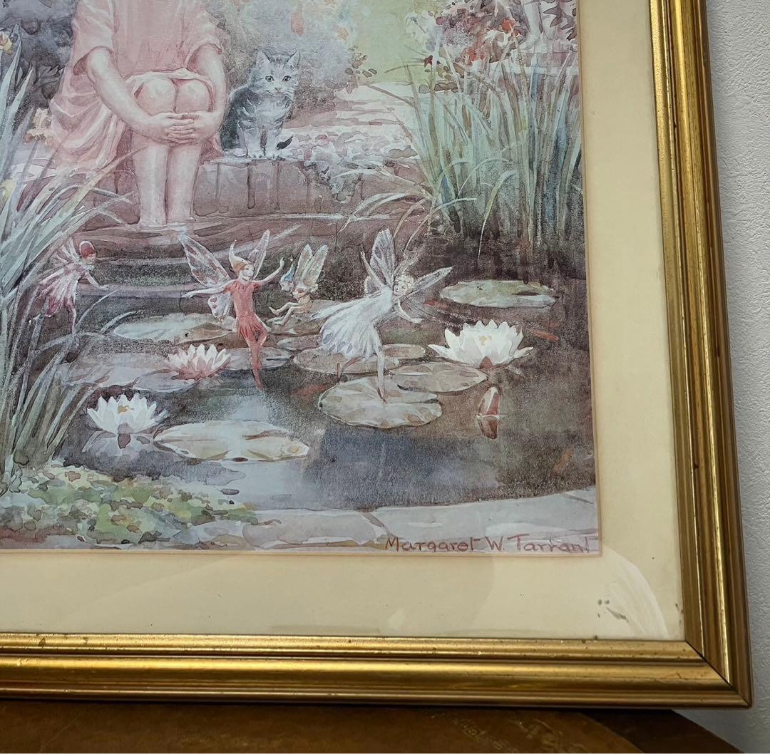 スコットランド製マーガレットタラント少女猫妖精水彩複製画額付き