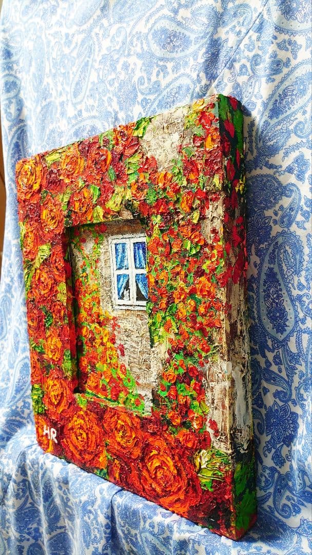 油絵 絵画【猫と赤い薔薇】