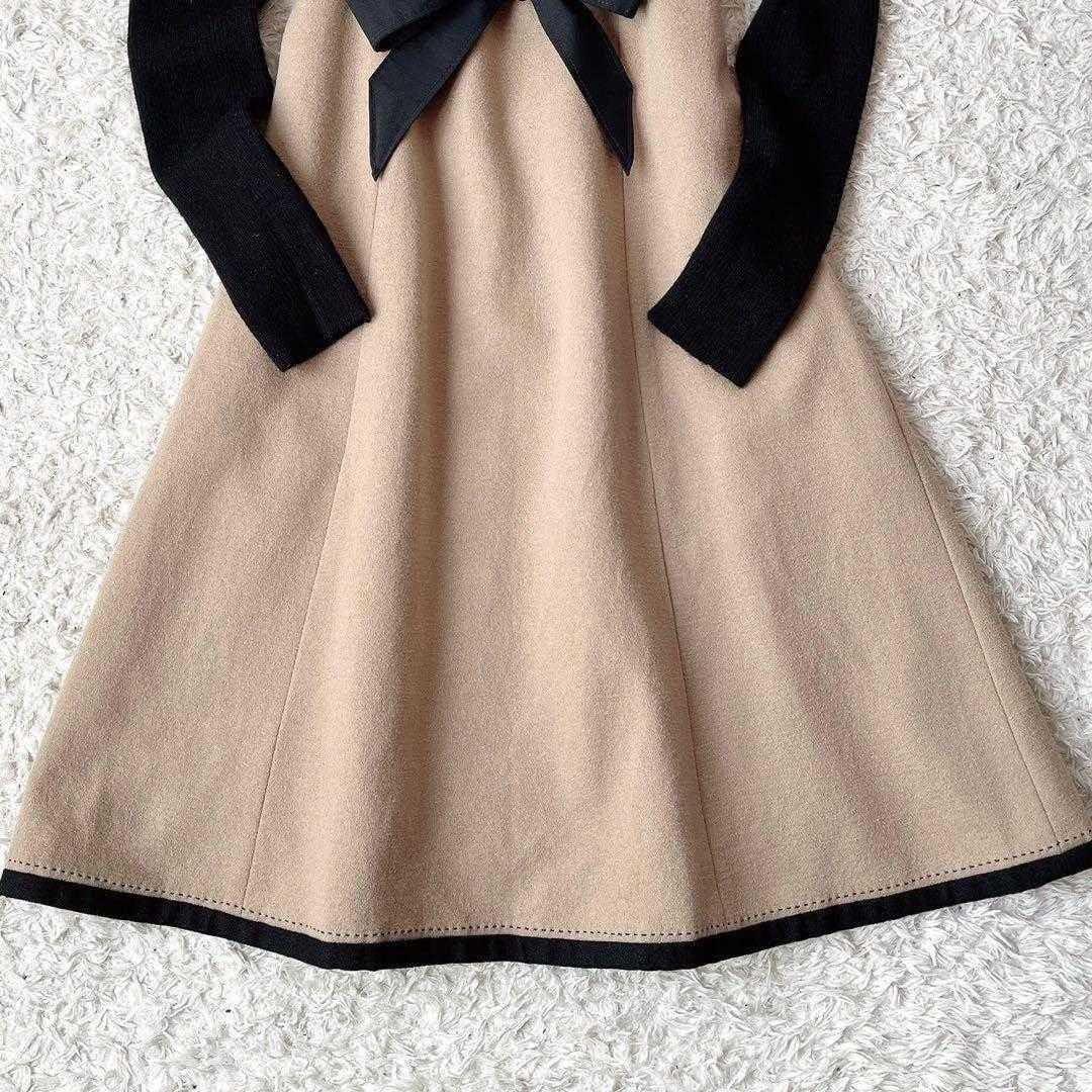 【美品】エムズグレイシー ドッキングワンピース ウール ブラック×キャメルひざ丈