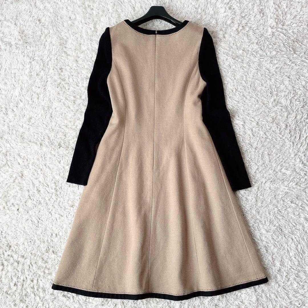 【美品】エムズグレイシー ドッキングワンピース ウール ブラック×キャメルひざ丈
