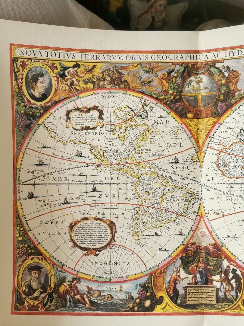 アンティークドイツ ローゼル 世界航海地図手刺繍キルト タペストリ 印刷地図絵付