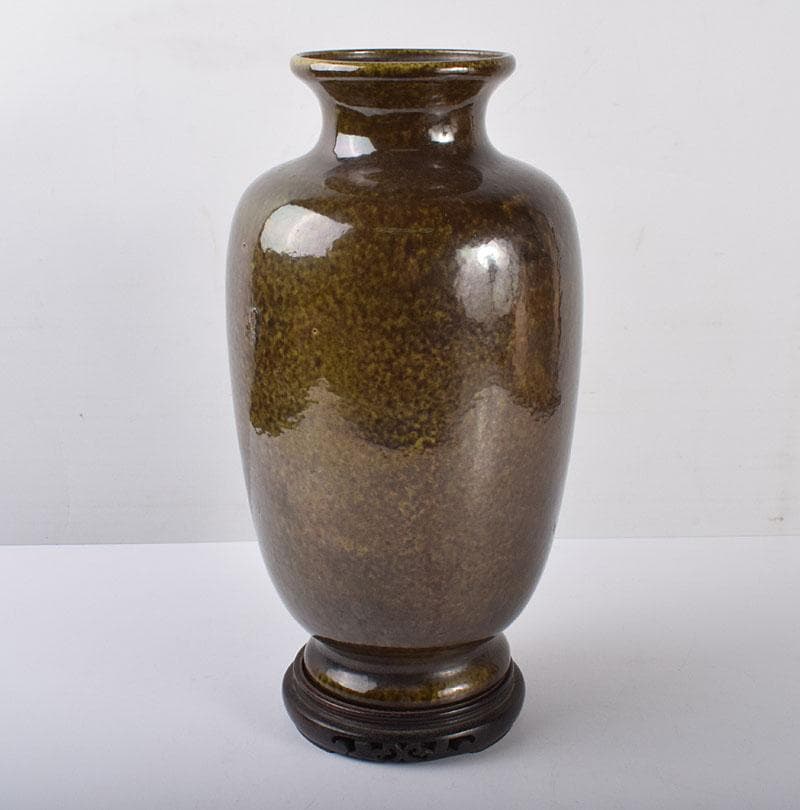 中国　雍正年製款　茶葉末釉　窯変瓶　唐木台・時代箱付　G　R4191B