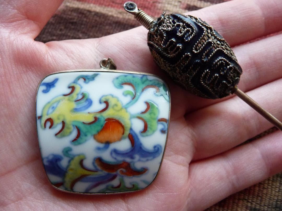 中国　銀細工　七宝　銀線　簪　粉彩　ペンダント