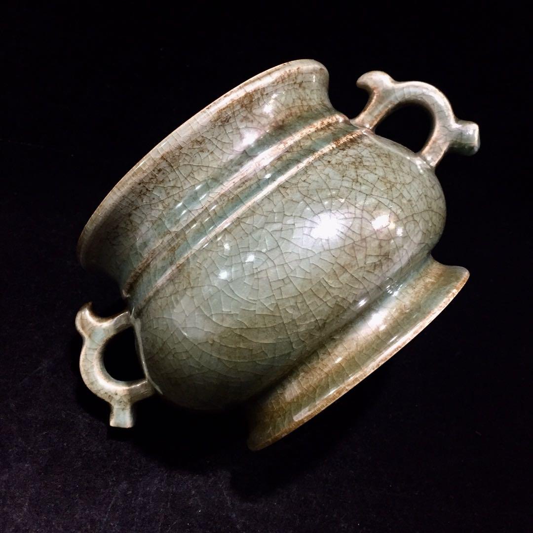 文房具　雙耳香爐 宋時代　汝窯 陶器　冰裂纹 貫入