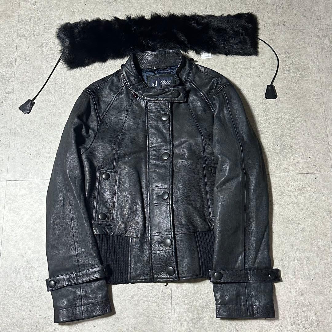 00s ARMANI JEANS レザー 短丈ブルゾン ファー取り外し可能 黒