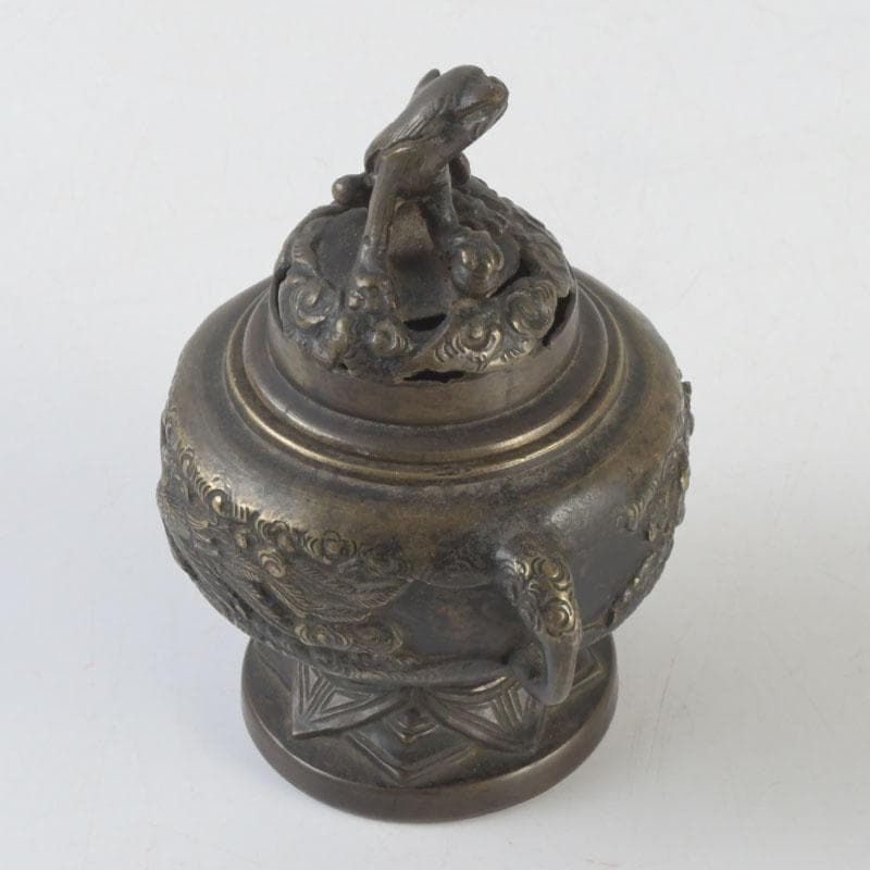 中国　古銅宣徳銅　獅子摘　龍鳳凰刻　蓋爐　香炉　V　9622